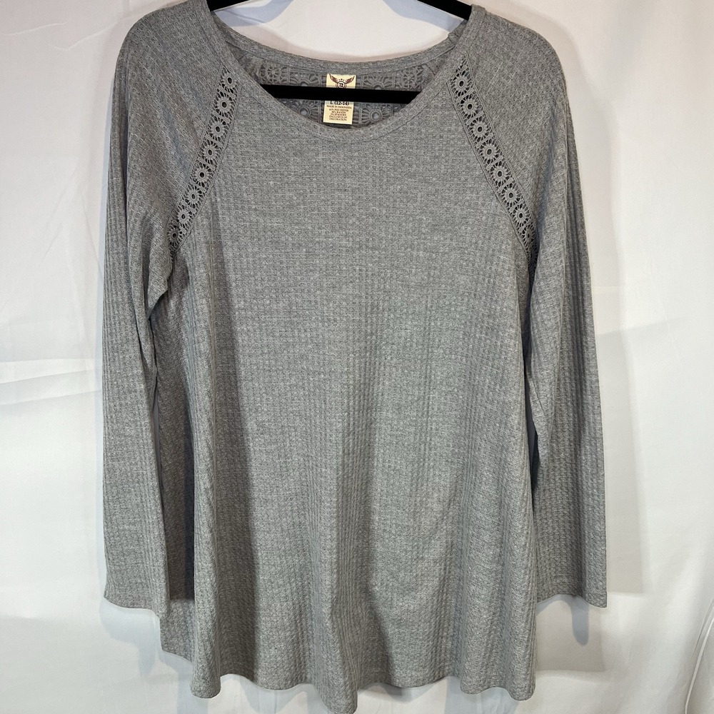Faded Glory Top Womens L Gray Waffle Knit Crochet Trim Tunic Long Sleeve Solid